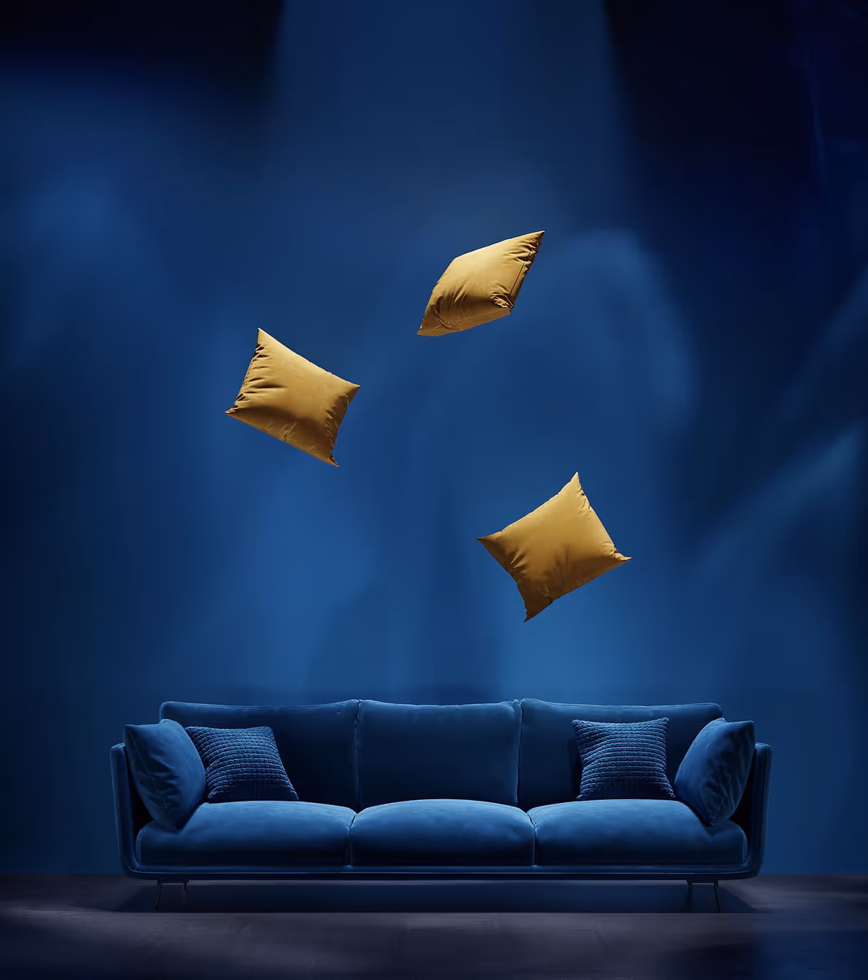 Photorealistic 3D rendering of a stylish blue sofa with floating pillows, showcasing first-class product visualization and interior design.