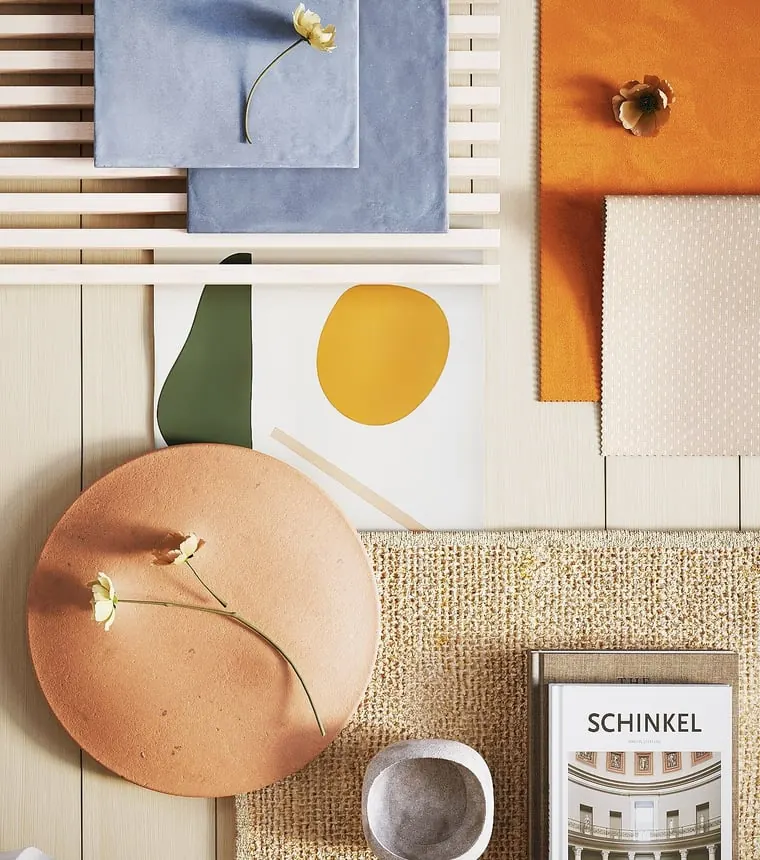 Flatlay renders — top-down 3D composition of decor materials and styling props