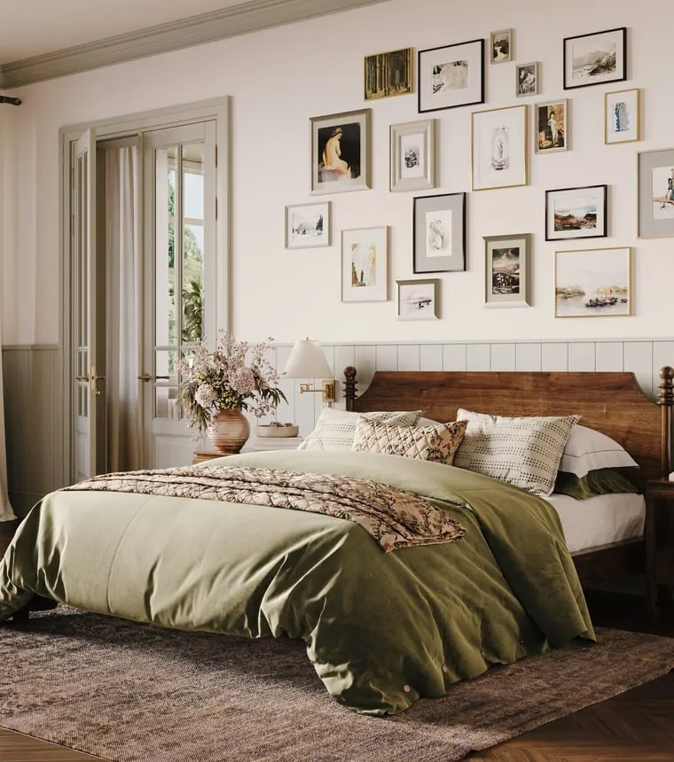 Lifestyle 3D rendering — cozy bedroom interior with a wooden bed and layered bedding