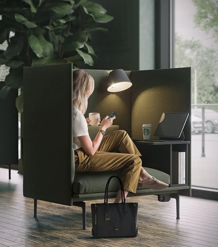 Silo 3D visualization — modern office privacy chair on a clean white background